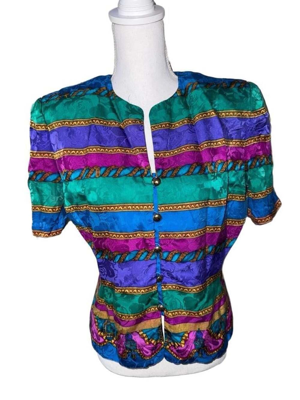 Adrianna Papell Vintage Silk Button-Up Blouse Size 10 Multicolor Stripes